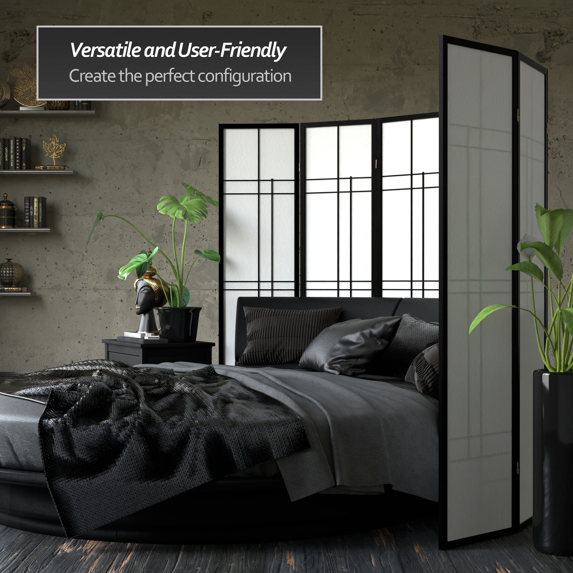 Red Lantern 6 ft. Tall Eudes Shoji Screen - Black - 5 Panels