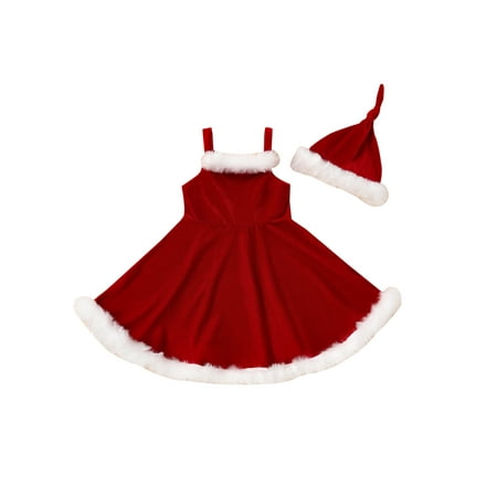 

Emmababy 2Pcs Baby Girl Christmas Outfits Girls Fluffy Stitching Slip Dress + Hat