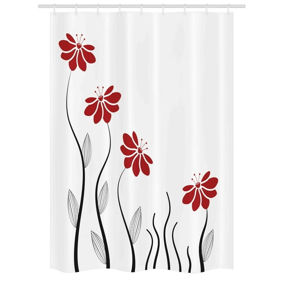 Flower Stall Shower Curtain, Floral Petals with Striped Leaves and Lines Modern Style Geometrical Design Print, Fabric Bathroom Set with Hooks, 54W X 78L Inches, Red and Black, by Ambesonne