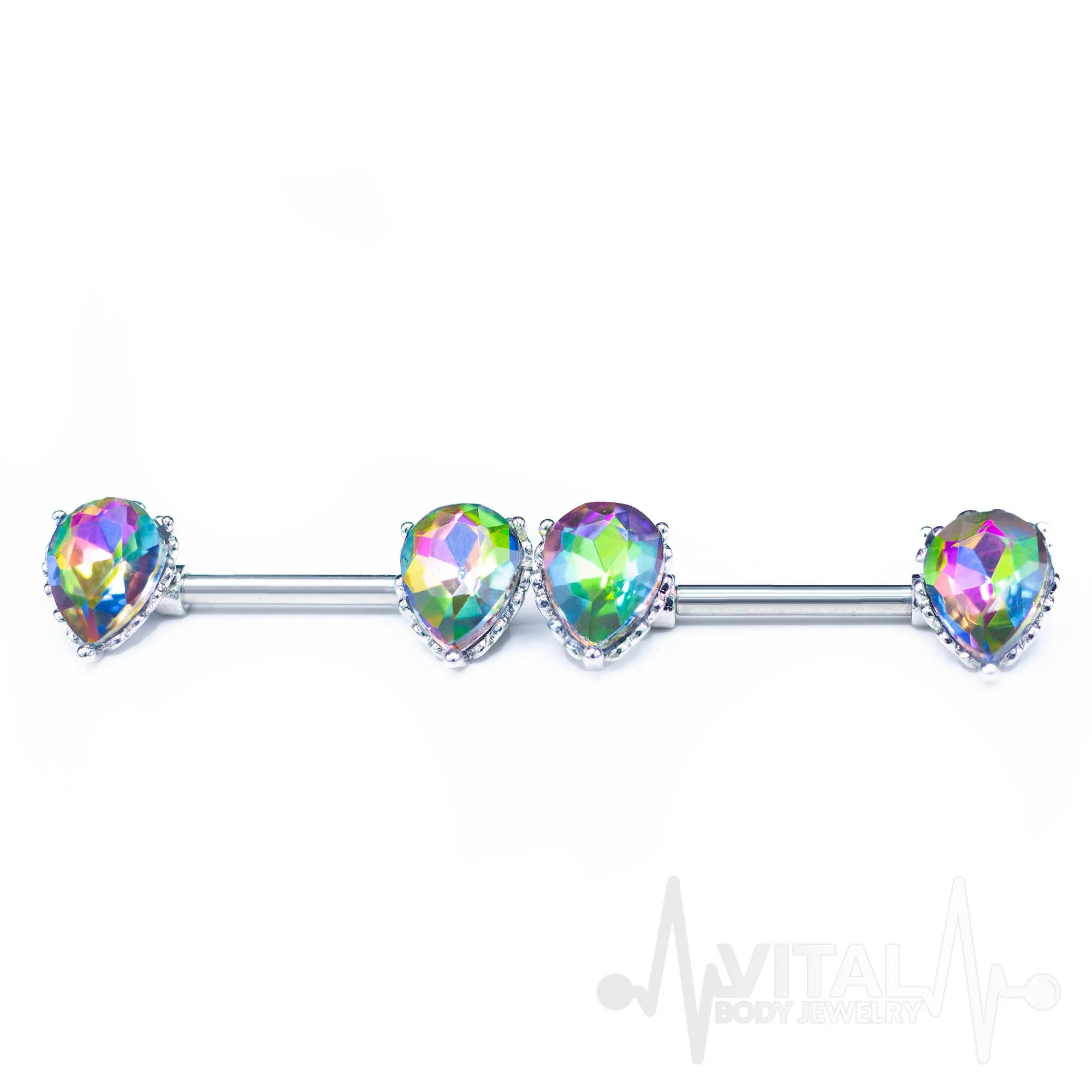 Pair of Vitrail Medium Nipple Bars, Aurora Borealis affect Nipple Rings, 14G, Double Front Facing Teardrop CZ Prong Set