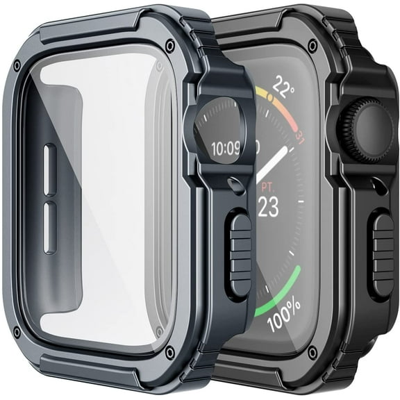 XIHAMA 2 Pack Rugged Case Compatible for Apple Watch 44mm Series SE/6/5/4 with Tempered Glass Screen Protector, Military All Around Hard TPU Protective Cover Case Shockproof Bumper for iWatch Men