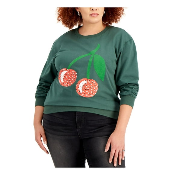 MIGHTY FINE Womens Green Ribbed Graphic Sweatshirt Plus 1X