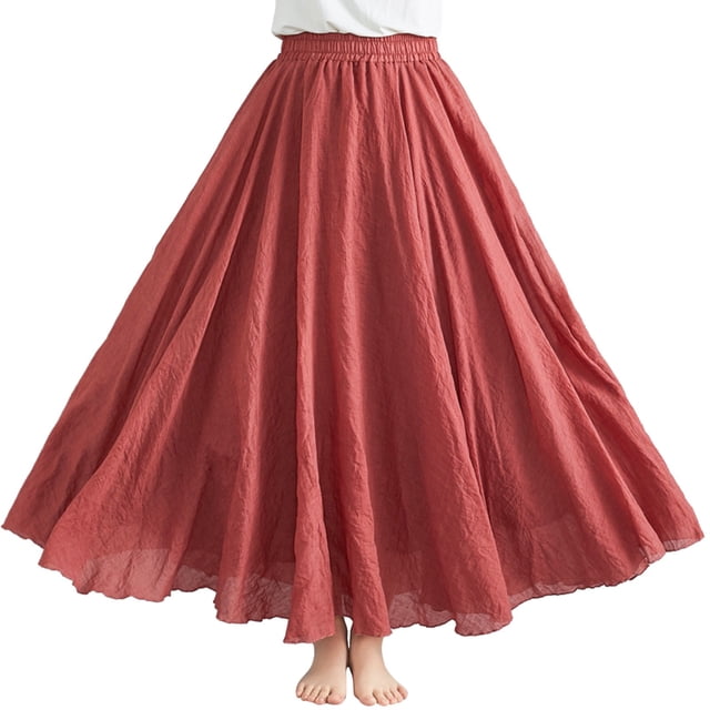 Falda larga de corte A de color liso para mujer - Falda media con cintura elástica, 95 cm de largo, mezcla de poliéster, tallas reales - S-XXL