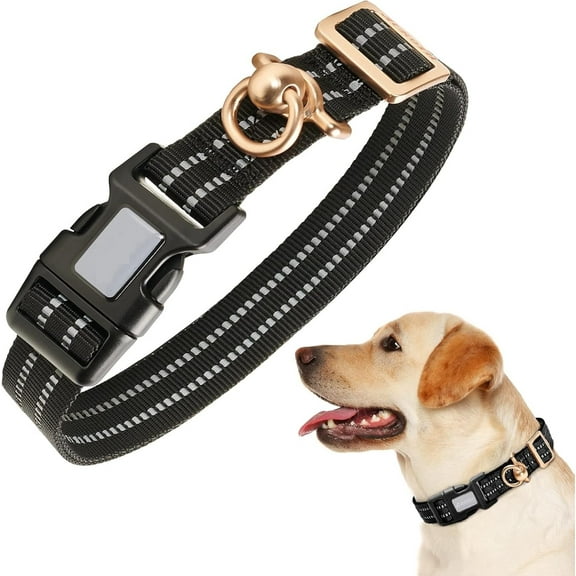 Reflective Dog Collar for Medium Large Dogs, Soft Nylon Adjustable Dog Collars with Heavy Duty Metal D Ring Tangle Free, Soft Pet Accessories with Quick Release Buckle(Large:16-27, Black)