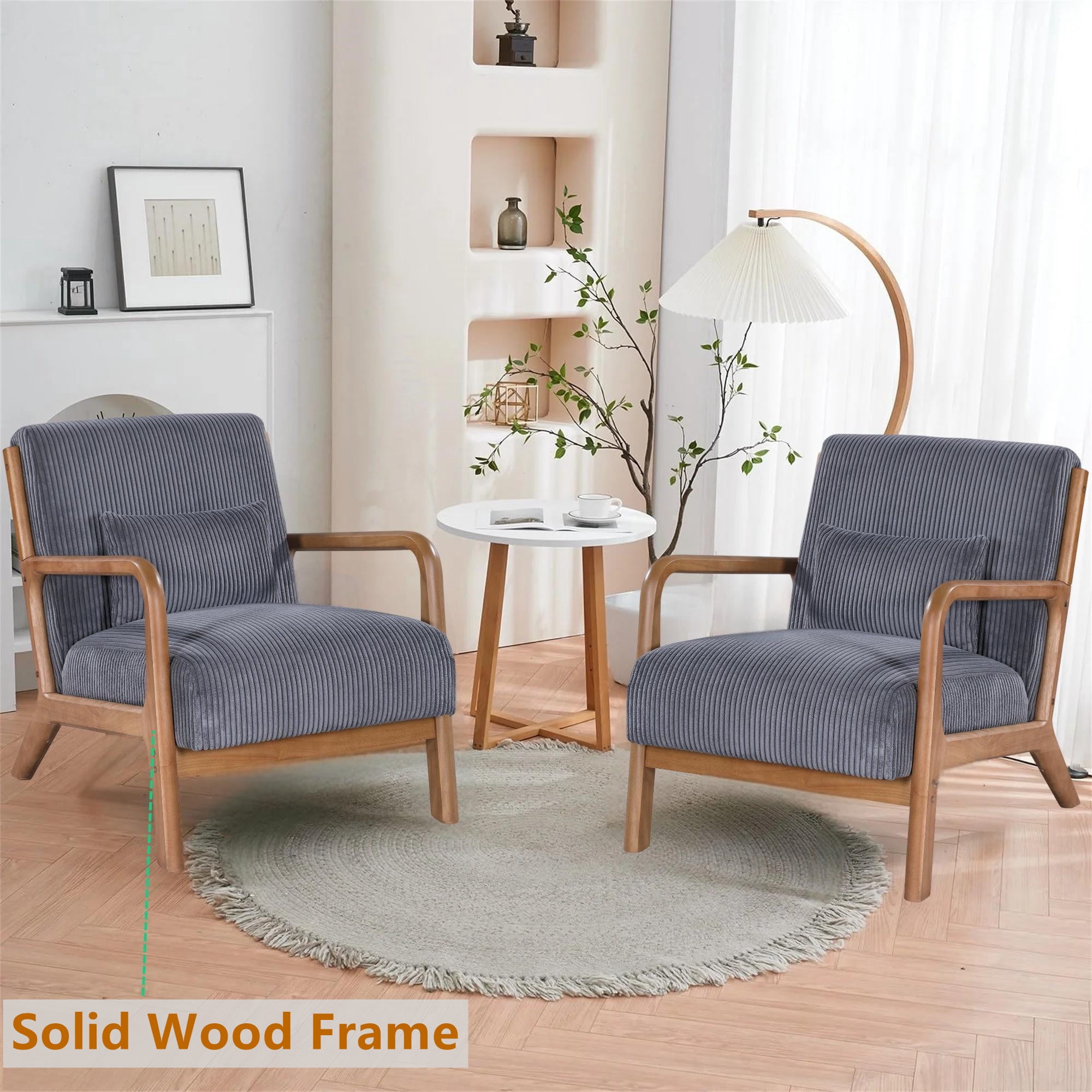 Aukfa Corduroy Mid Century Modern Accent Chair w/ Wood Frame&Pillow for Living Room, Gray