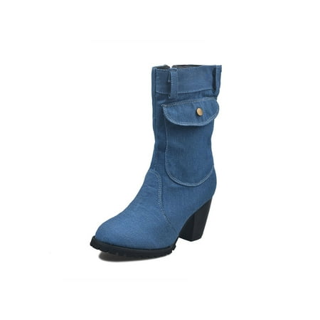 

UKAP Womens Breathable Block Heel Boots Party Fashion Mid-Calf Boot Chunky Blue 7.5