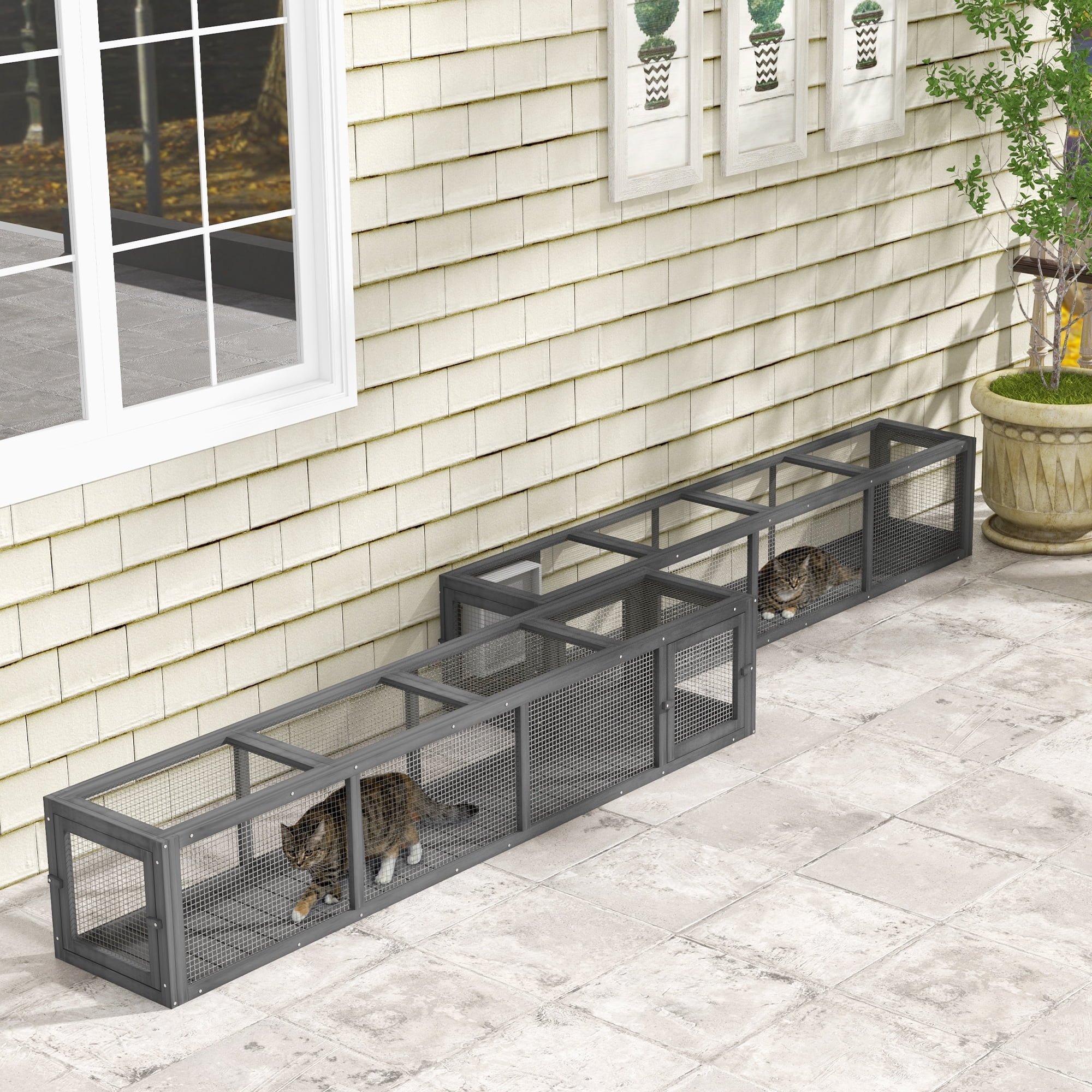 Dog Bed PawHut Outdoor Cat Tunnel with Extendable Design, 79" L Wooden Cat Run with Weather Protection, Connecting Inside and Outside, for Deck Patios, Balconies, Dark Gray,Large Dog Bed