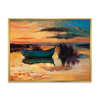 Designart 'Boat At The Lake During Evening Glow I' Nautical & Coastal Framed Canvas Wall Art Print