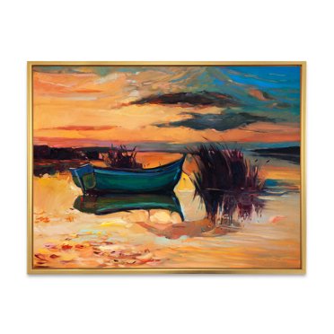 Designart 'Boat At The Lake During Evening Glow I' Nautical & Coastal Framed Canvas Wall Art Print