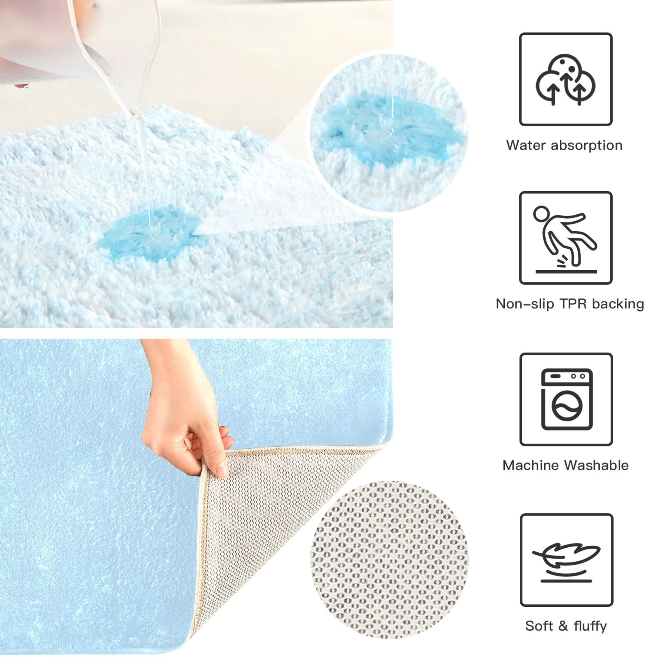 Toilet Rug Set Non-Slip Bathroom Rugs Soft Plush Machine Washable Contour Bath Mat Baby Blue 24x20/24x16
