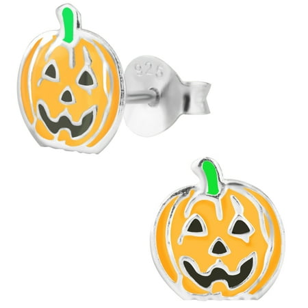 Jack Sperling Hypoallergenic Sterling Silver Halloween Jack-O-Lantern Pumpkin Stud Earrings for Kids (Nickel Free) ()