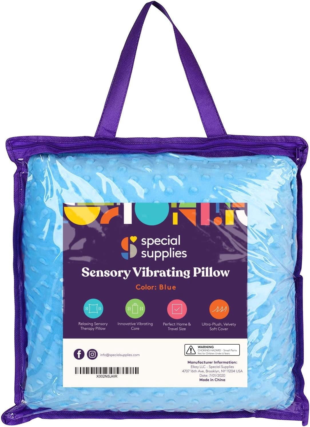 Special Supplies Sensory Vibrating Pillow - Pressure Activated Calm with 3 Modes, Voice Recording & Music - Textured Stimulation Bumps for Kids & Adults (Blue)