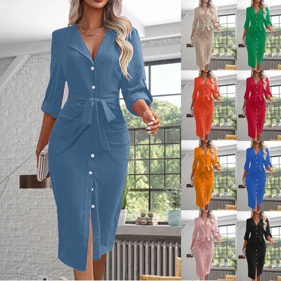 asdoklhq Winter Dresses for Women 2025 Women's Casual Solid Color Lapel Thin Belt Shirt Dress Black L