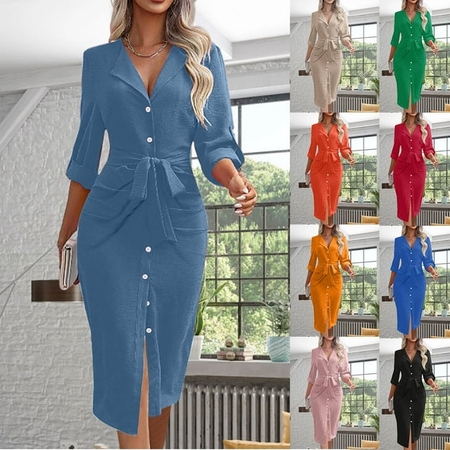 Gspmoly Robes d'Été pour Femmes, Robe Chemise Décontractée Unie à Revers avec Ceinture Fine pour Femmes, Robes de Soirée pour Femmes Économies