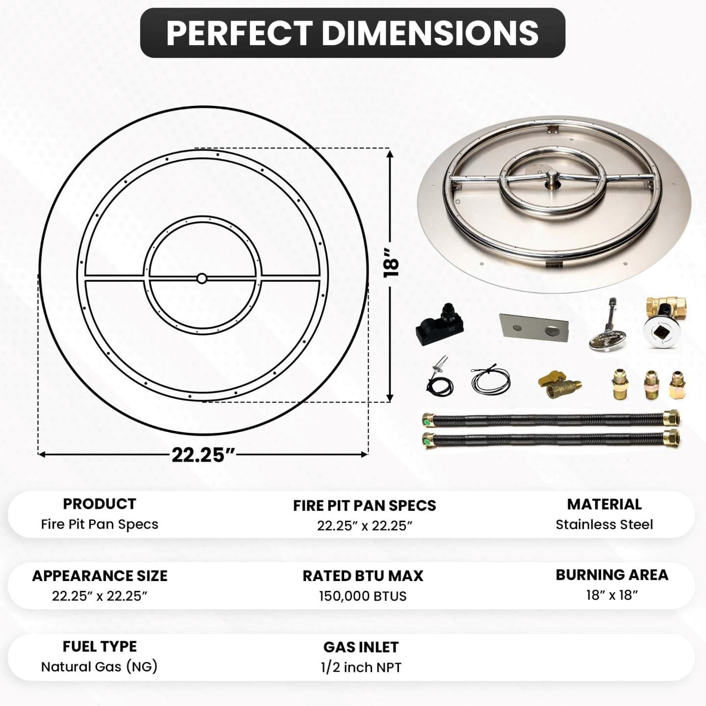 Dreffco Stainless Steel Fire Pit Burner Pan & Ring Deluxe Kit for Natural Gas, 22-Inch Pan, 18-Inch Ring, 150,000 BTU Max