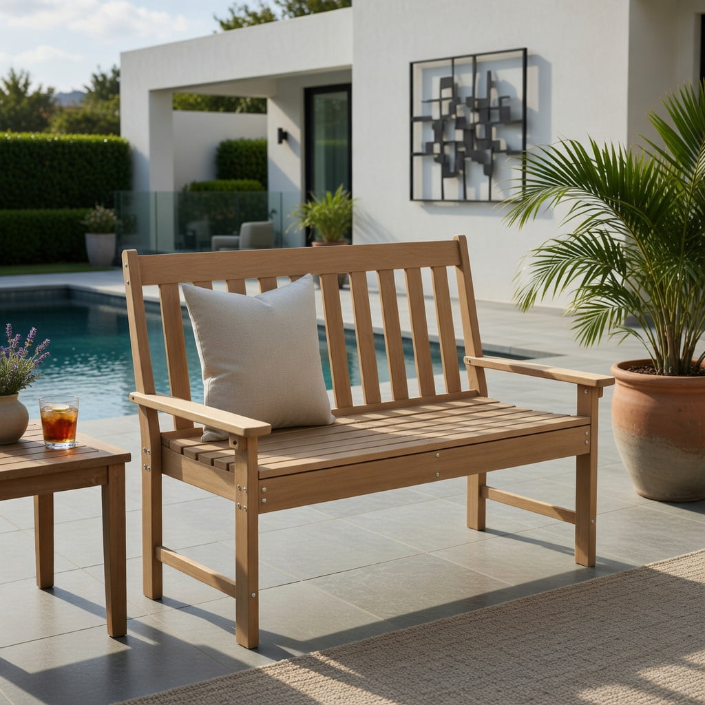 Hommoo 52" All-Weather HDPE Outdoor Bench with Backrest & Armrests, Weather-Resistant Teak-Style Patio Seating for Porch, Garden, Backyard, Natural