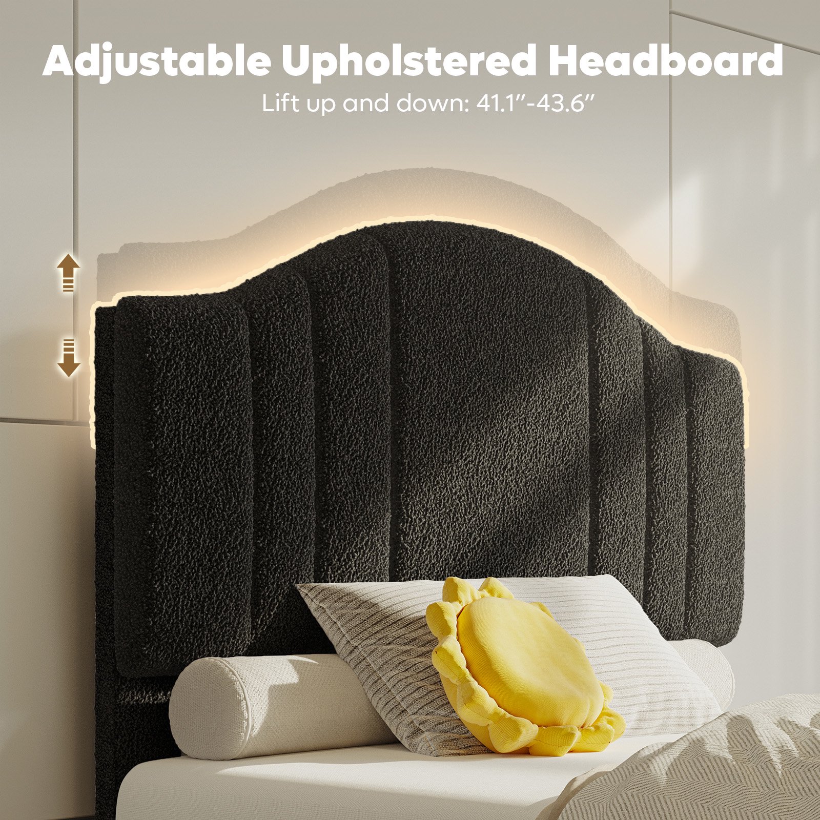Pinmoco Twin Upholstered Bed Frame with Adjustable Arc-shaped Headboard, LED Platform Bed, Teddy Velvet Black