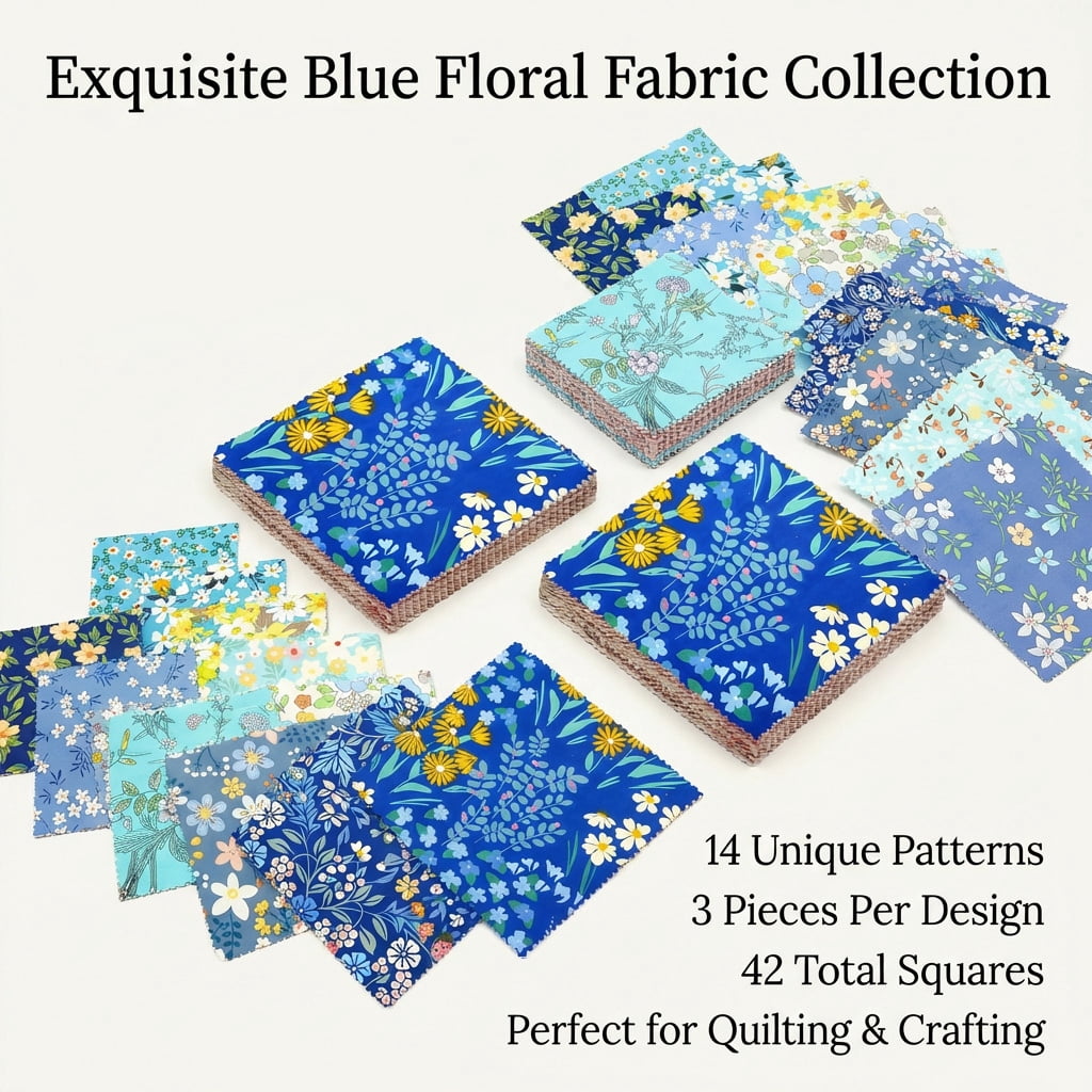 iMzoon 42Pcs 10" Wavy Edge Fabric Squares,Cotton Fat Quarters Bundles for Quilting Supplies,Denim Floral Precuts,Sewing Material & Color Draping Kit Swatches in Retro Print