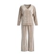 thumbnail image 4 of Xijirk Women 2 Piece Velvet Outfit V Neck Long Sleeve Loose Top and Wide Leg Elastic Waist Pants Set for Loungewear Daily Casual Wear,Khaki,S, 4 of 4