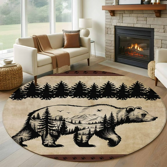 Brown Black Bear Round Area Rug 5 FT, Non Slip Bedroom Area Rug, Farmhouse Cabin Forest Vintage Washable Soft Circular Carpet Non-Shedding Floor Mat for Kitchen Dining Room Foyer Balcony Dorm