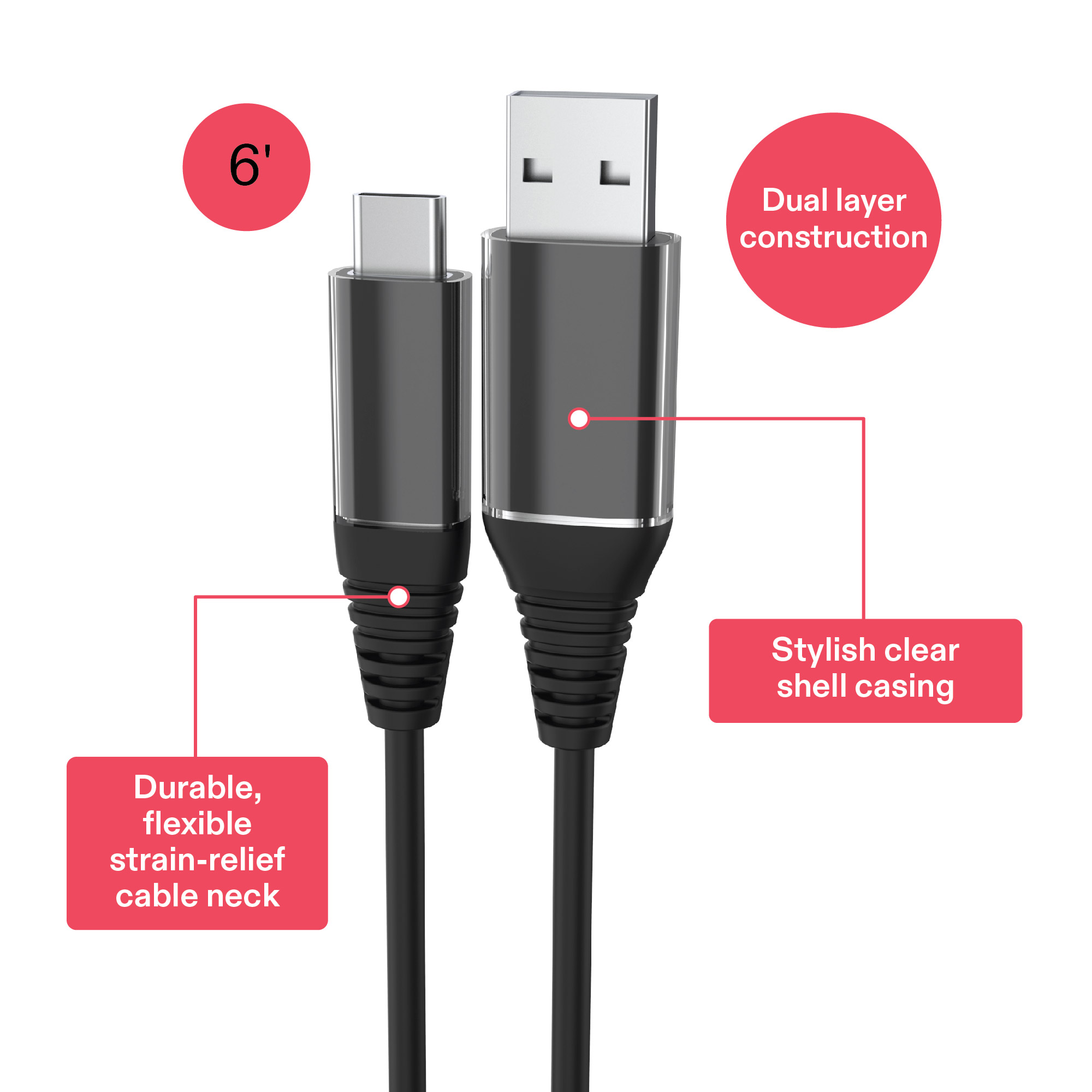 onn Cable de Carga USB-C a USB-A de 6 pies, Certificado USB-IF, Negro - Compatible con iPhone Serie 16, iPhone Serie 15, Samsung Galaxy, Note, Dispositivos Pixel, iPad Pro y más 2