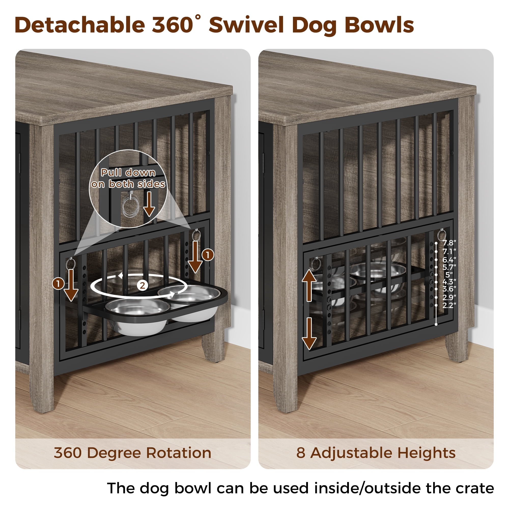 GIKPAL Dog Crate Furniture with 2 Adjustable Bowls, 32" Dog Cage Kennels for Inside with Lockable Doors, Heavy Duty Pet House End Table for Small Medium Dogs, Gray