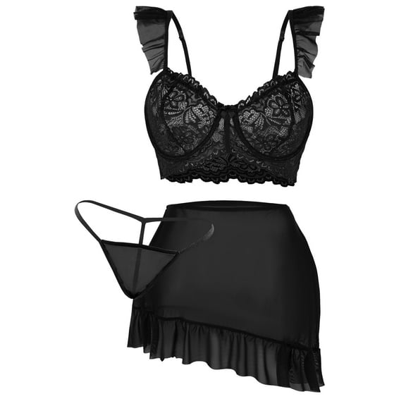 Ausing Womens Lingerie Skirt Set Lace Bra and Panty Mesh Babydoll Ruffle Hem Bodycon Mini Skirts Chemise Sleepwear 3 Piece Black XL
