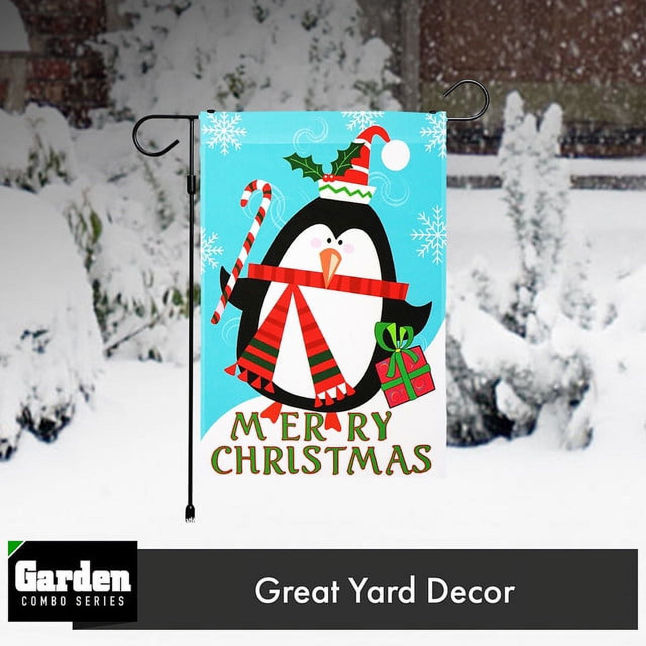G128 2sets: 36"x16" Garden Yard Flag Stand Black & 12"x18" Christmas Garden Flag Penguin Candy Cane