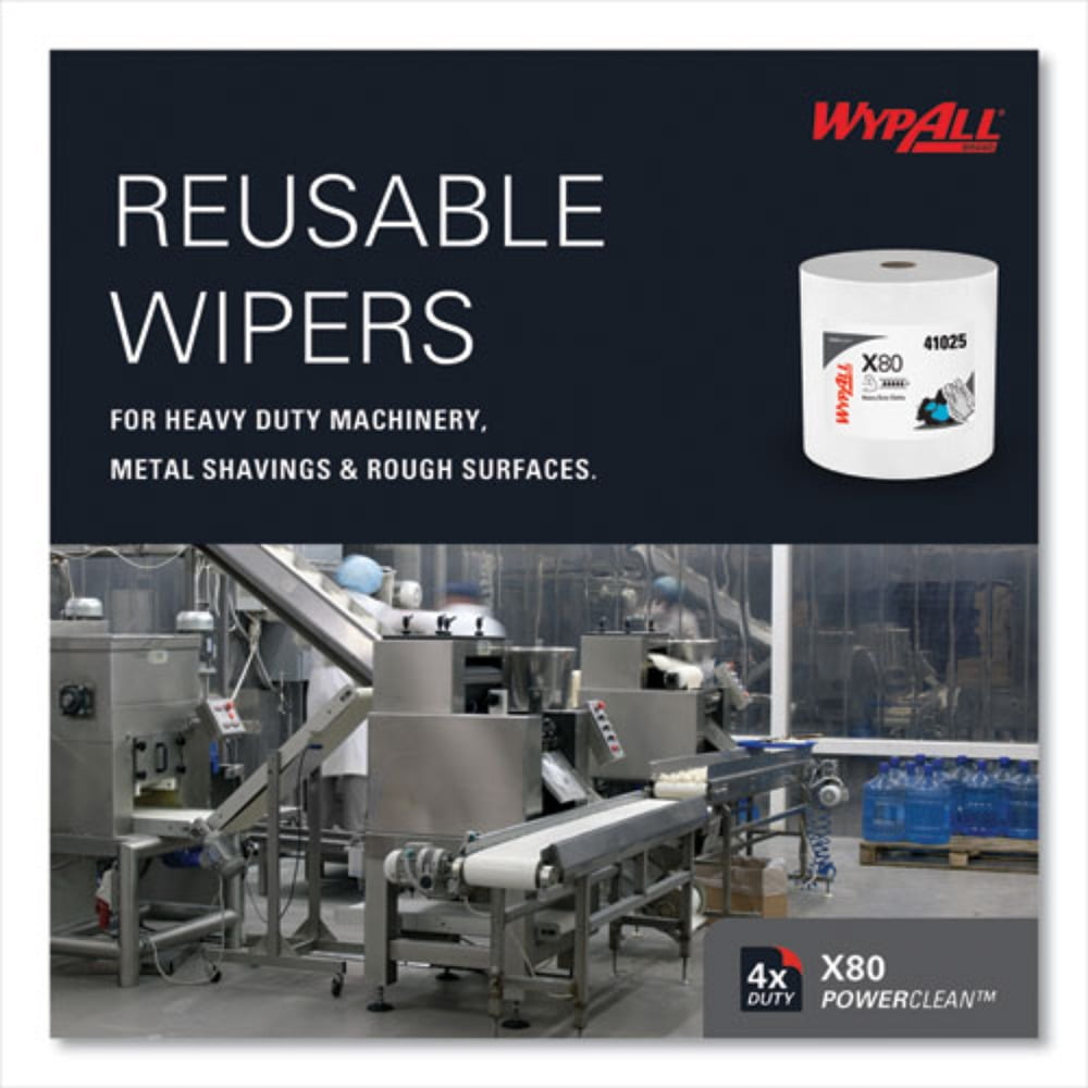 WypAll PowerClean X80 Cloths Heavy Duty Wipes (41025), Jumbo, Extended Use Towels, White (1 Roll of 455 Sheets, 455 Sheet Total)