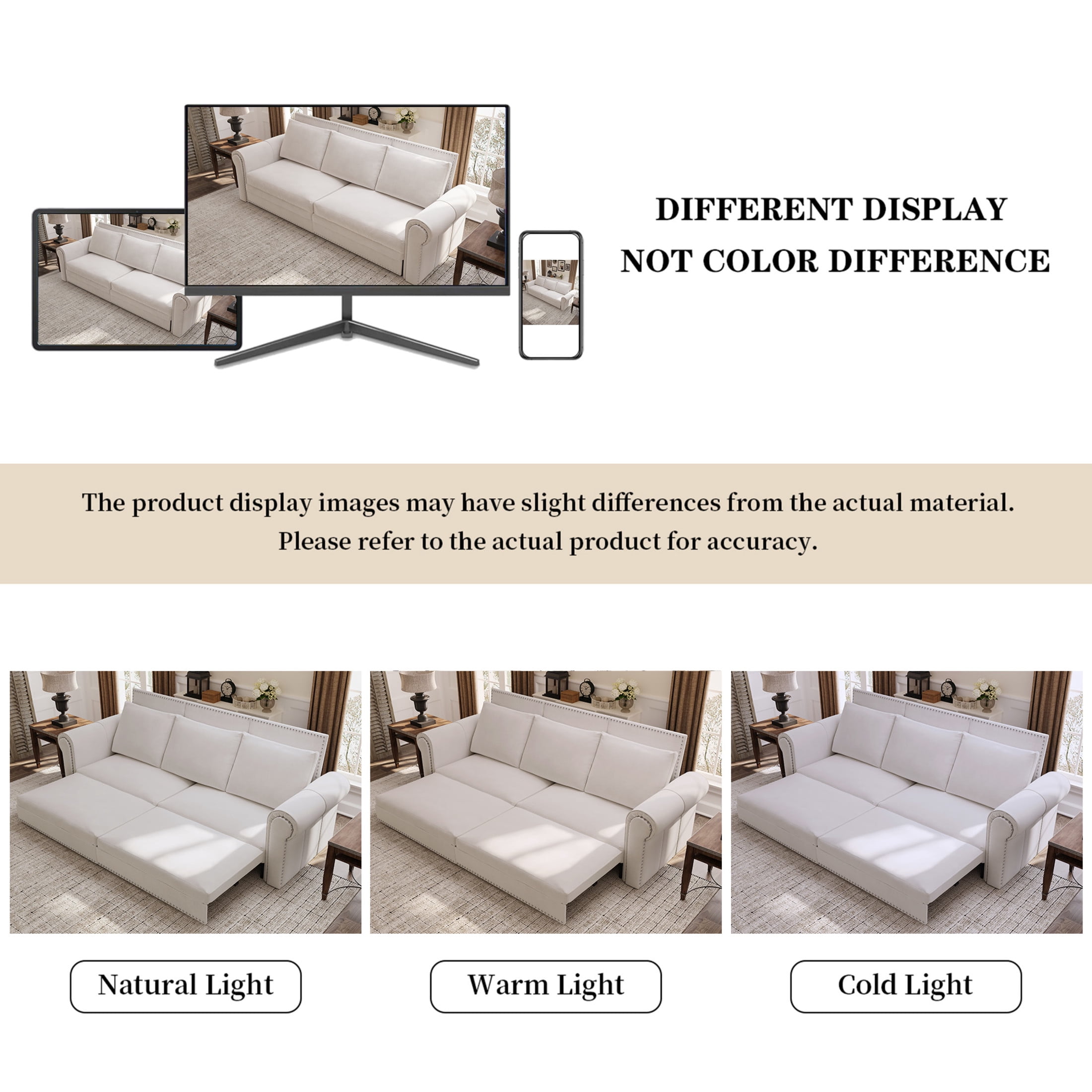 Noble House Lexair Velvet Chesterfield Pull Out Sofa Bed, 3-in-1 King Sleeper Couch with Nailheads & Rolled Arm, Beige White