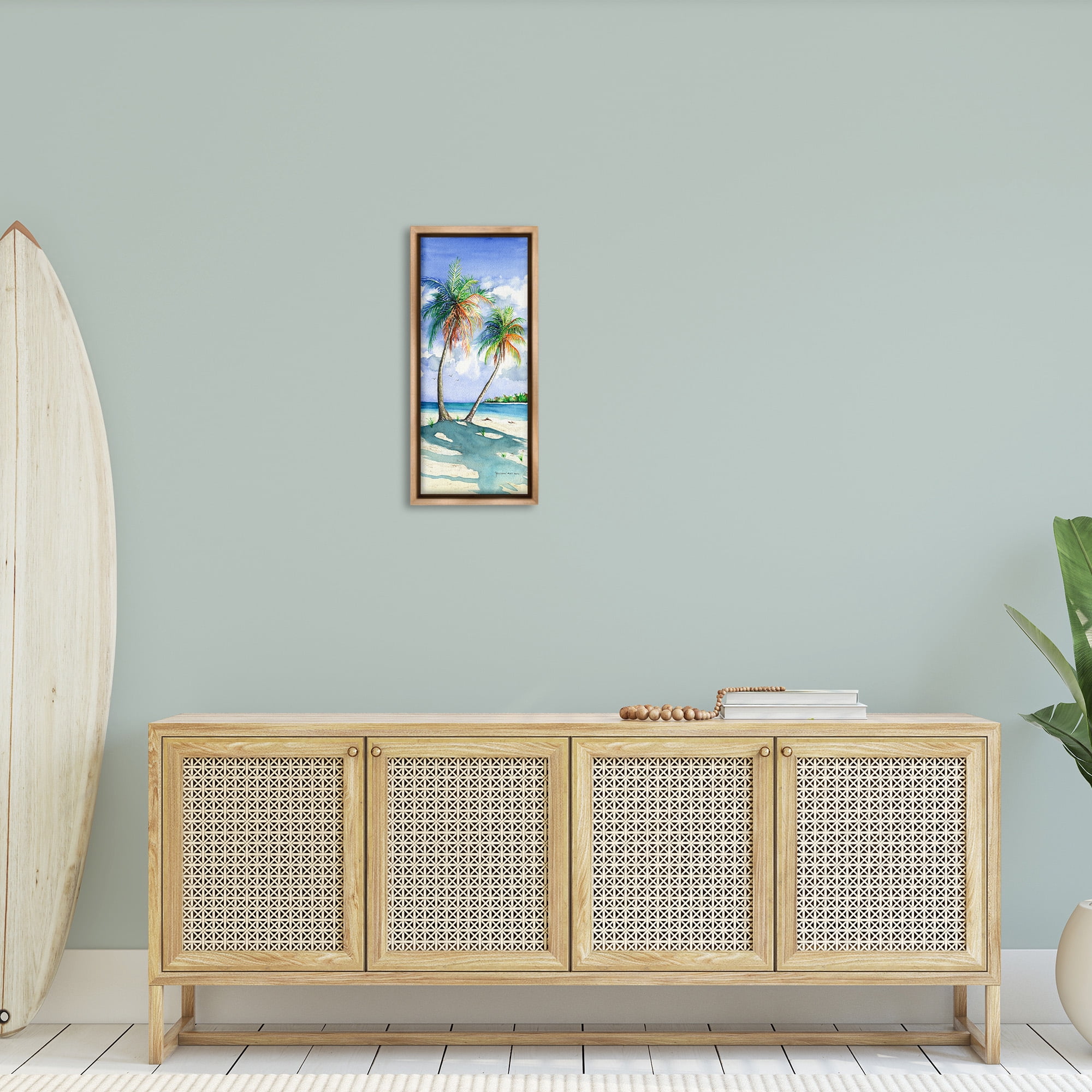 Stupell Industries Sunlit Palm Trees Landscape Painting Brown Floater Framed Canvas Art Print Wall Art, 11 x 25