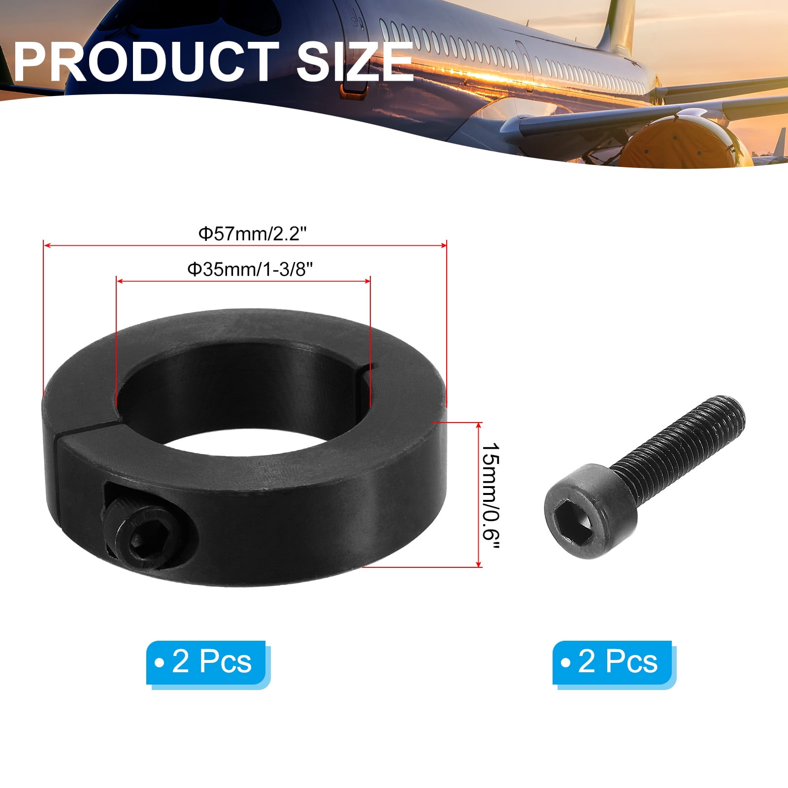 45#Carbon Steel Bore 35mm Single Split Shaft Collar 57mm OD 15mm Thickness with Set Screw, Black 2 Pack