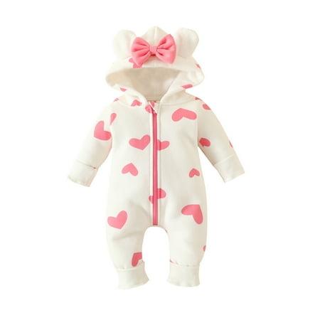 

Baby Girls One-Pieces Infant Long Sleeve Hearts Print Bowknot Hooded Romper Jumpsuit Cute Dailywear One-Pieces Clothes