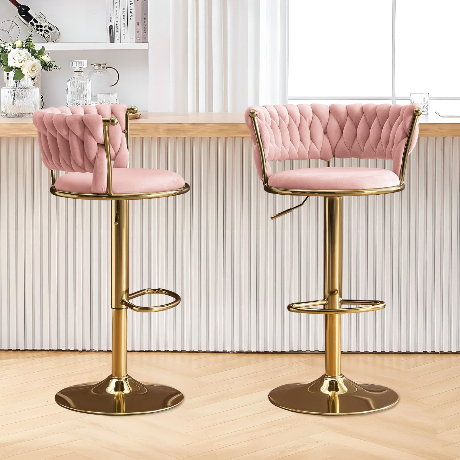Set of 2 360° Swivel Velvet Bar Stools, Adjustable Counter Height Bar Chairs with Gold Metal Base & Low Back, Modern Kitchen Island Barstools for Dining Room & Pub, Pink