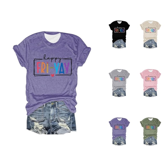 Happy Friday Teacher T Shirts for Women 2026 Summer Trendy Short Sleeve Crewneck Funny Friday Weekend Graphic Tees