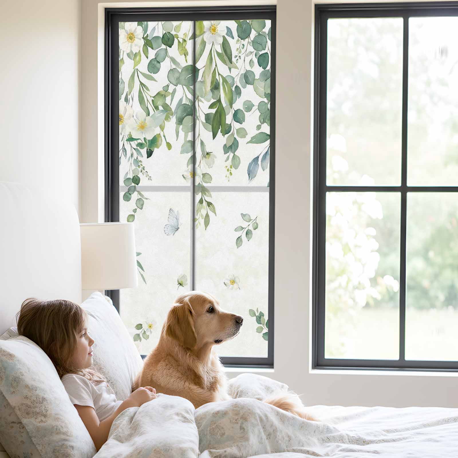 Summer Botanical Window Privacy Film, Watercolor Eucalyptus Leaves Farmhouse Frosted Glass Window Clings Static Cling UV Heat Blocking Reusable Door Sticker for Bathroom 23.6 x 59 Inch