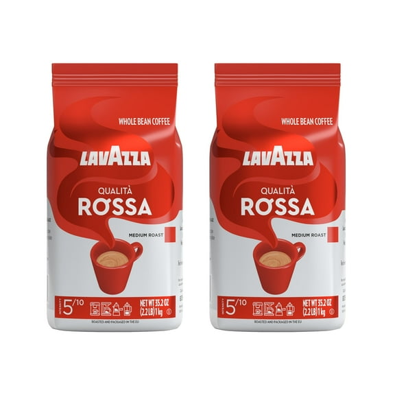 Lavazza Qualità Rossa Whole Bean Coffee, Medium Roast, Arabica and Robusta Blend, 2.2 lb Bag (Pack of 2)