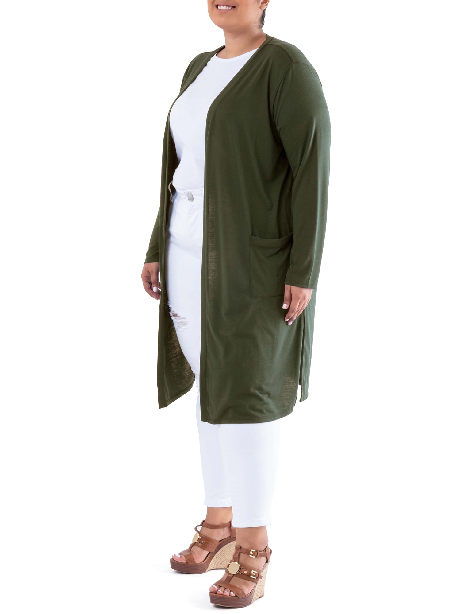 Wright's Women's Plus Size Long Sleeve Open Front Pocket Jersey Duster Cardigan, 1X-5X