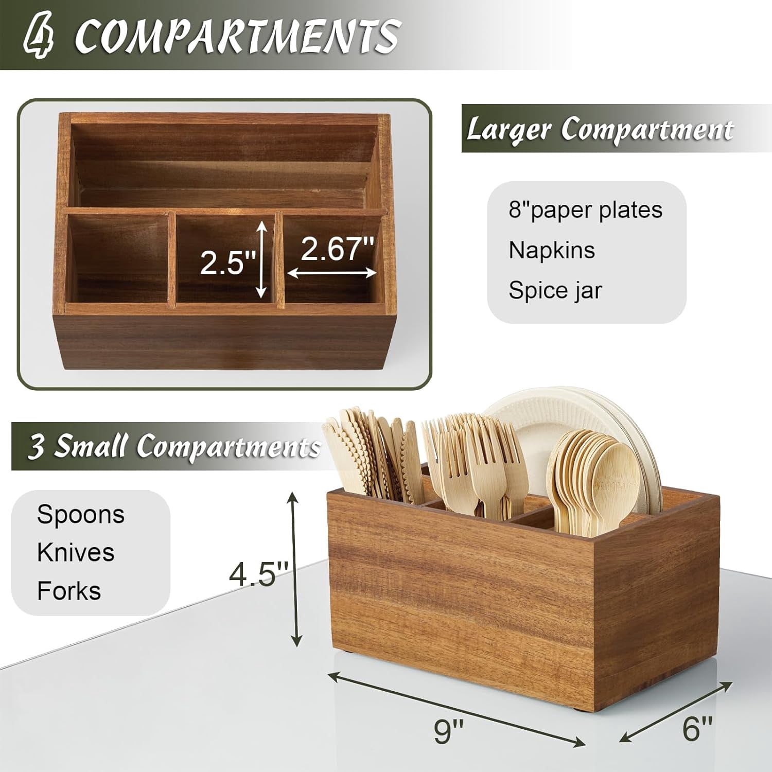 Utensil Caddy, Silverware Caddy for Party, Acacia Wood Silverware Holder, Silverware Organizer Countertop, Cutlery Stora Containers for Kitchen Table