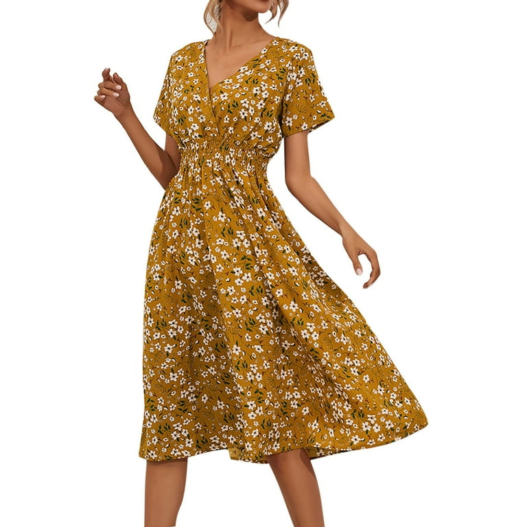 Midi Knit Dress Women Women Floral Print Casual V neck Short sleeved A line Beach Long Robe Dress Day Dresses for Women Summer