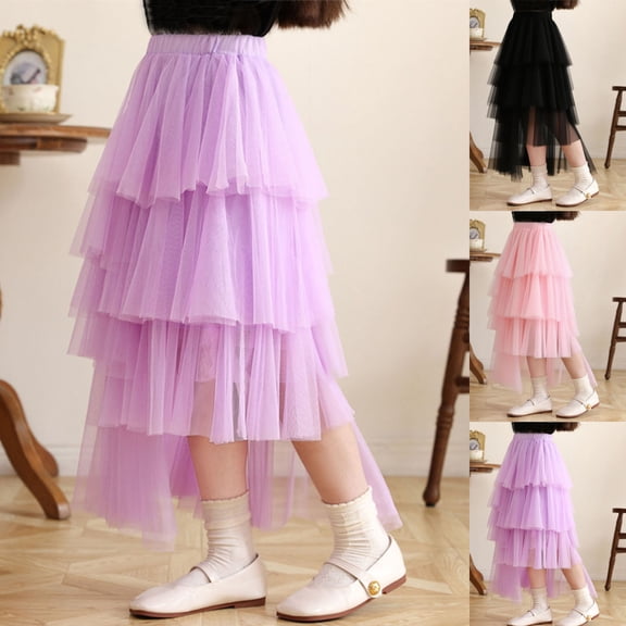 NAISIBABY Girls Mesh Tiered Skirt (3-14T), Mid-length Flowing Elastic Waist Dance Party Performance Tulle Skirt Purple 12T