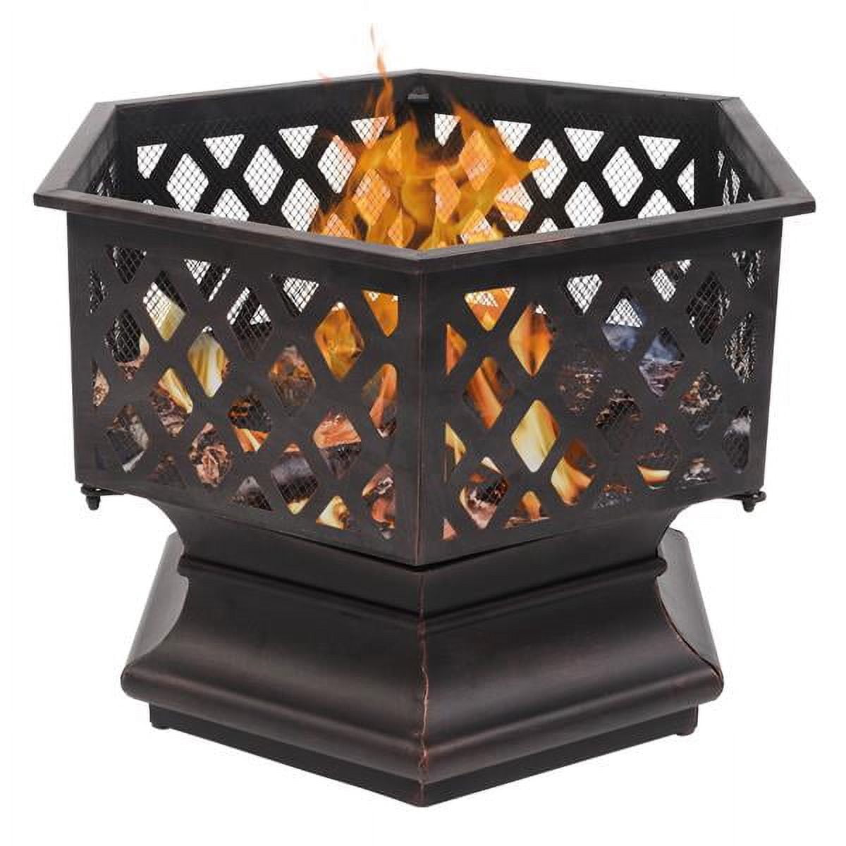 22" Hexagonal Iron Brazier Fire Pit – Antique Copper Wood Burning Outdoor Fireplace with Spark Guard for Backyard & Poolside