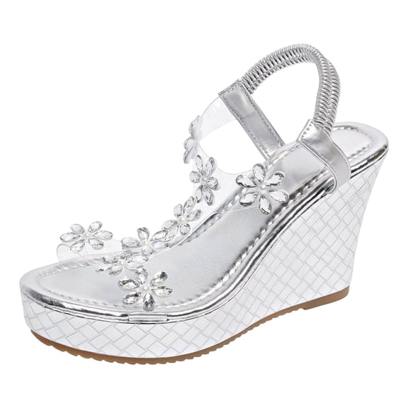Womens Rhinestones Wedge Sandals Sparkly Floral Dressy Shoes Elastic Ankle Strap Open Toe Platform Sandals Silver Size 9
