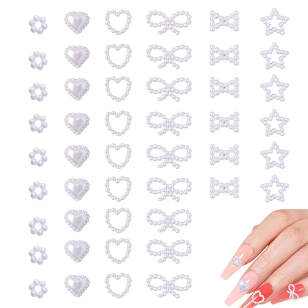 Encantos de uñas de perlas blancas, 200 piezas 3D acrílico multiforma corazón estrella bowknot decoración de uñas para manicura DIY artesanía joyería