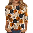 thumbnail image 2 of Womens Halloween Shirts Pumpkin Bat Print 3/4 Sleeve Horror Blouse Witch Hat Loose Fit Crew Neck Cute Scary T-Shirt 2XL, 2 of 6
