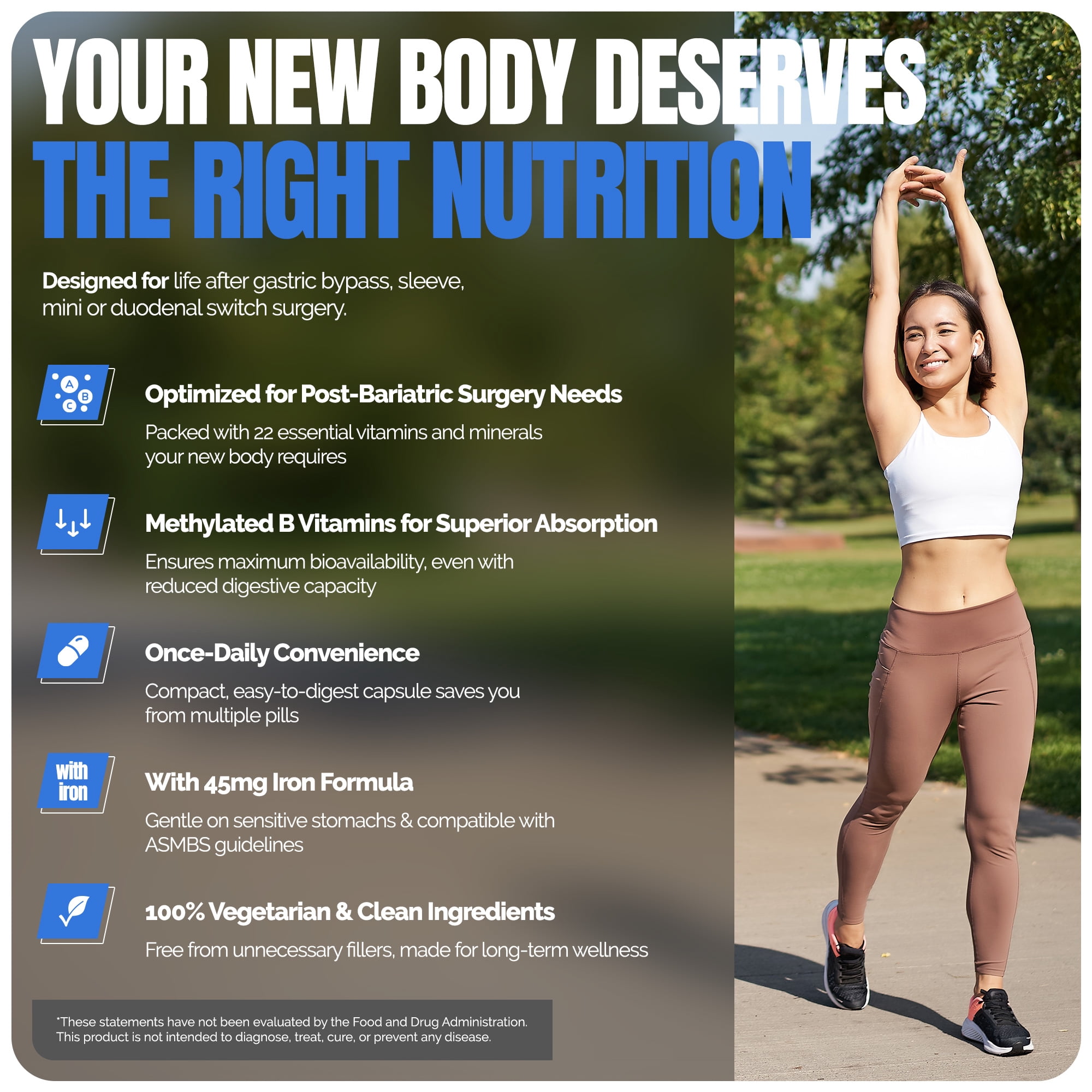 Shiny Leaf Methylated Bariatric Multivitamin with Iron - 45 mg for Gastric Bypass, Sleeve Gastrectomy, Roux-en-Y, Duodenal Switch - 22 Vitamins & Minerals, ASMBS Compliant, Made In USA, GMP, 60 Ct.