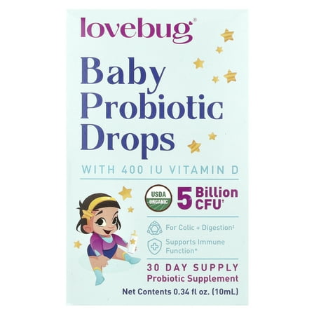 LoveBug Probiotics Baby Probiotic Drops, 5 Billion CFU, 0.34 fl oz (10 ml)