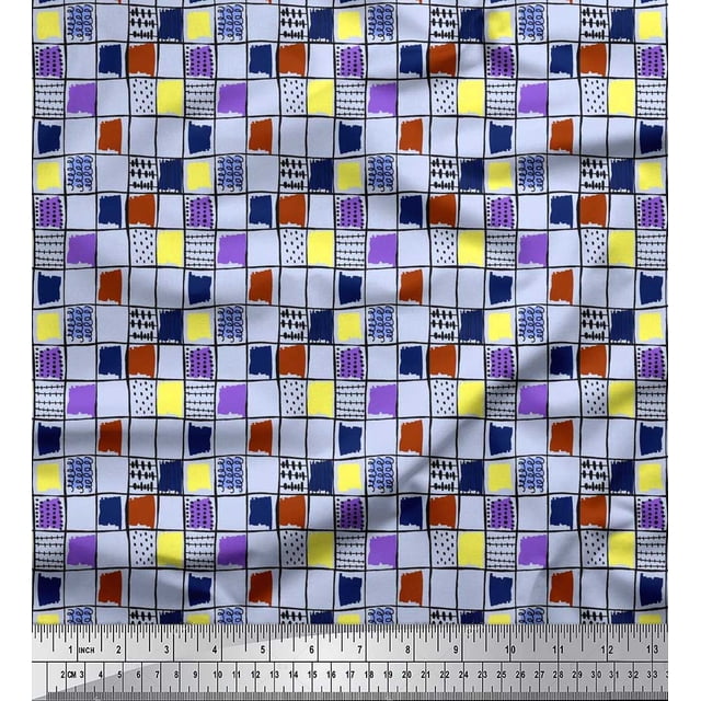 Soimoi Poly Georgette Fabric Check & Brush Stroke Abstract Fabric Prints by Yard 52 Inch Wide