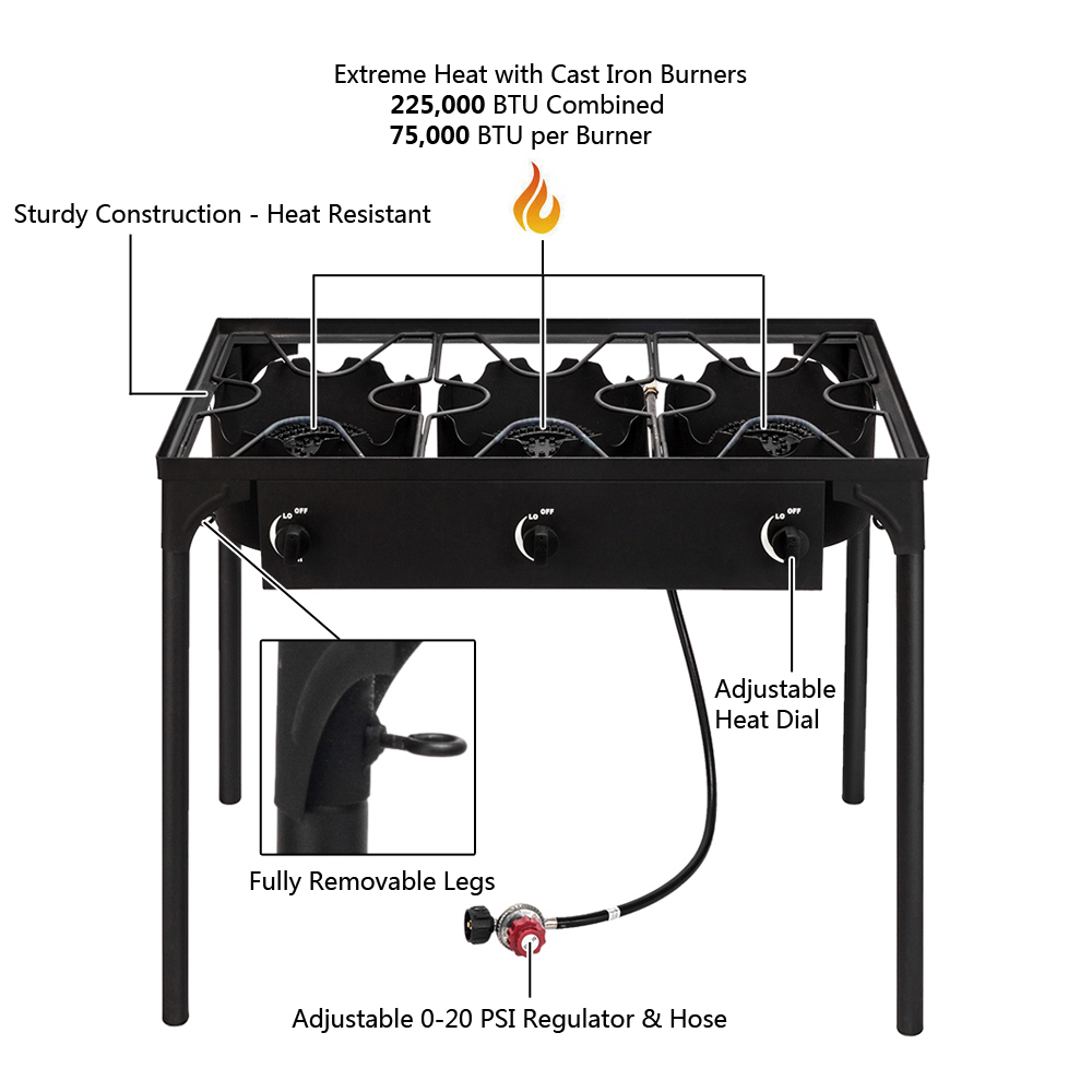 Demi Bonn 34" Outdoor Triple Burner Gas Stove with Portable Iron Construction, High Pressure Propane, Cooking Burner for Camping, Black