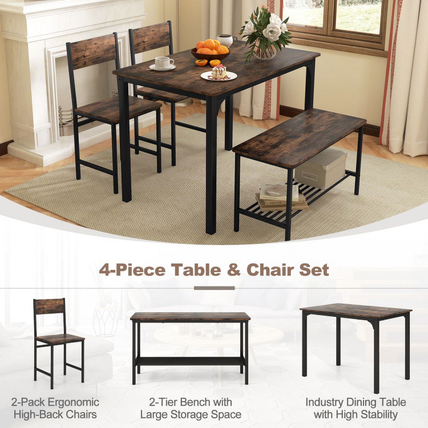 Finihen Dining Set, Dining Table Set, 4 Pieces Rustic Dining Table Set with 2 Chairs and Bench, for Home, Restaurant, Rustic Brown Finihen Dining Set, Dining Table Set, 4 Pieces Rustic Dining Table Set with 2 Chairs and Bench, for Home, Restaurant, Rustic Brown